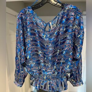 FREE PEOPLE boho blouse, cobalt blue & gold with cherry blossom motif, size S